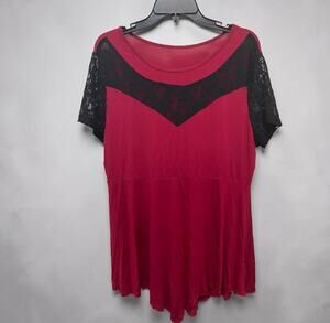 Black Lace Red Blouse SZ 2XL Top Stretchy Rayon Short Sleeves Casual Glam Boho